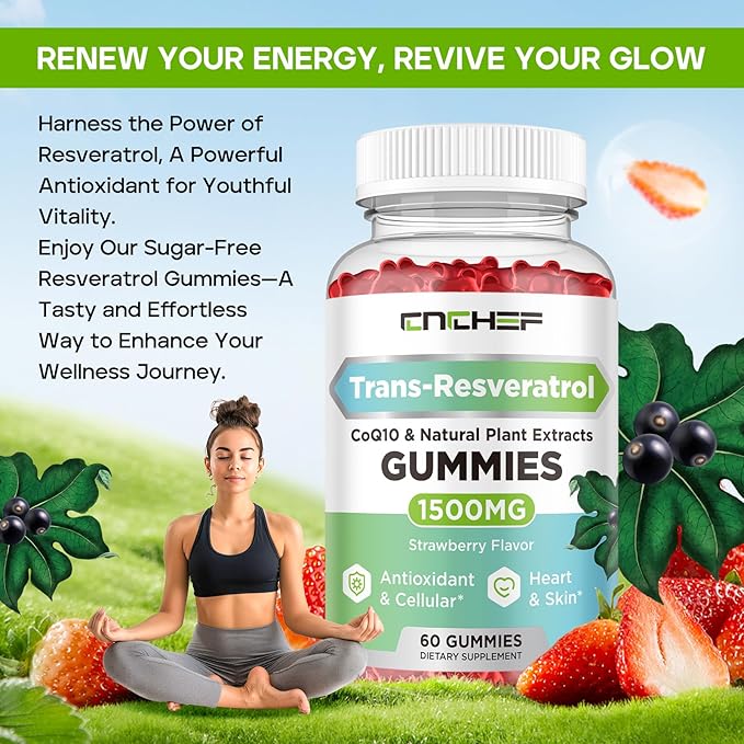 Trans-Resveratrol Gummies 1500mg - Resveratrol Supplement Gummies with Quercetin, Magnesium Glycinate, CoQ10 & Vitamin C for Antioxidant, Immune, Brain, Joint & Energy - Sugar-Free Strawberry Flavor