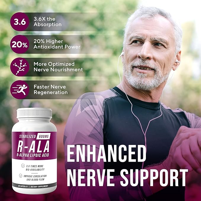 NERVE RENEW R-ALA Stabilized R Alpha Lipoic Acid 600mg Nerve Support Supplement 60 Capsules