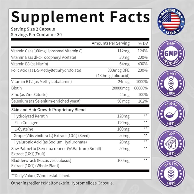 GPGP GreenPeople Biotin | Collagen | Keratin - Hair Growth biotin 20000MCG-Hair, Skin & Nails with Multivitamins & Minerals for Men & Women - 120 Capsules