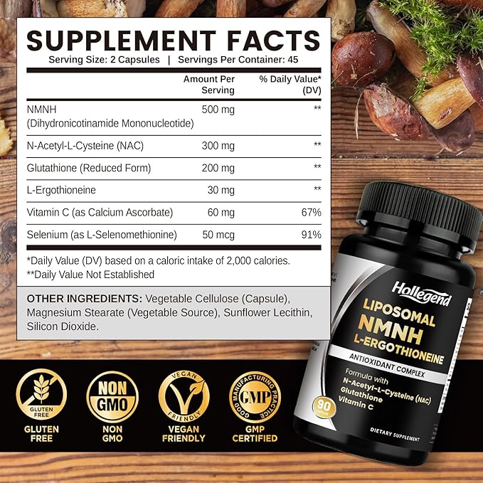 Liposomal NMNH & Ergothioneine Supplement, 6 in 1 Complex with NAC, Glutathione, Vitamin C & Selenium, for Women & Men, Healthy Aging, Antioxidant & Immune Support, 90 Capsules