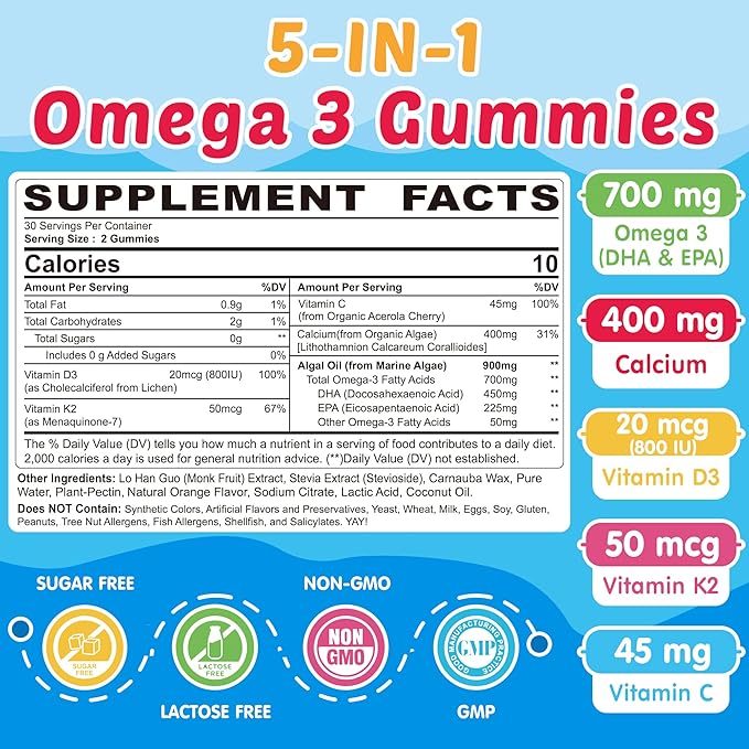 Kids Omega 3 Gummies + Calcium, Vitamin D3 & K2, C, Omega-3 DHA/EPA Gummies for Strong Bones, Focus & Memory, Immune Support, Kids Omega3 Supplement - No Fish Taste, Non-GMO, Chewable, Vegan, 2 Pack