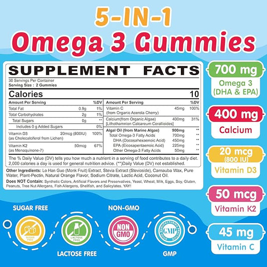 Kids Omega 3 Gummies + Calcium, Vitamin D3 & K2, C, Omega-3 DHA/EPA Gummies for Strong Bones, Focus & Memory, Immune Support, Kids Omega3 Supplement - No Fish Taste, Non-GMO, Chewable, Vegan, 2 Pack