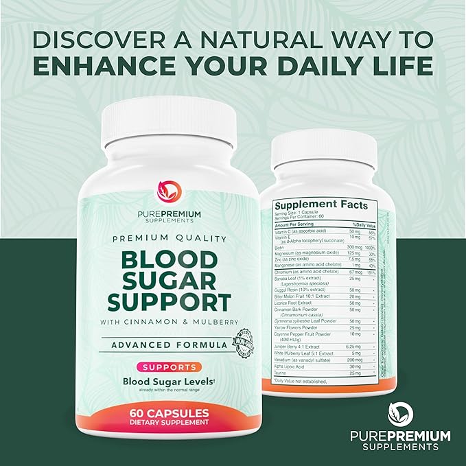 PurePremium Normal Blood Sugar Support Supplement - 20 Active Ingredients Complex to Support Blood Sugar Levels Already in The Normal Range - with Cinnamon, Bitter Melon, Chromium, Mulberry - 60ct