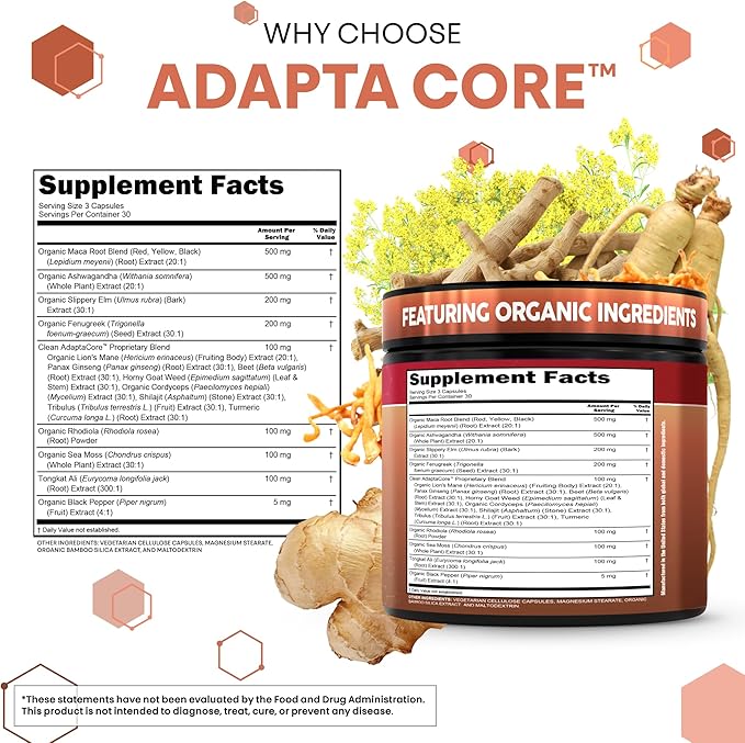 Clean Nutra AdaptaCore, Organic Maca Root Complex with Ashwagandha, Slippery Elm, Fenugreek, 90 Vegan Capsules
