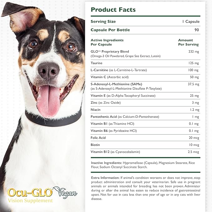 Ocu-GLO® Vegan Capsules - Vision Supplement for Dogs & Mature Cats - Formulated with Lutein, Algae Based Omega-3 Fatty Acids, Grape Seed Extract & Antioxidants to Promote Eye Health - 90 ct