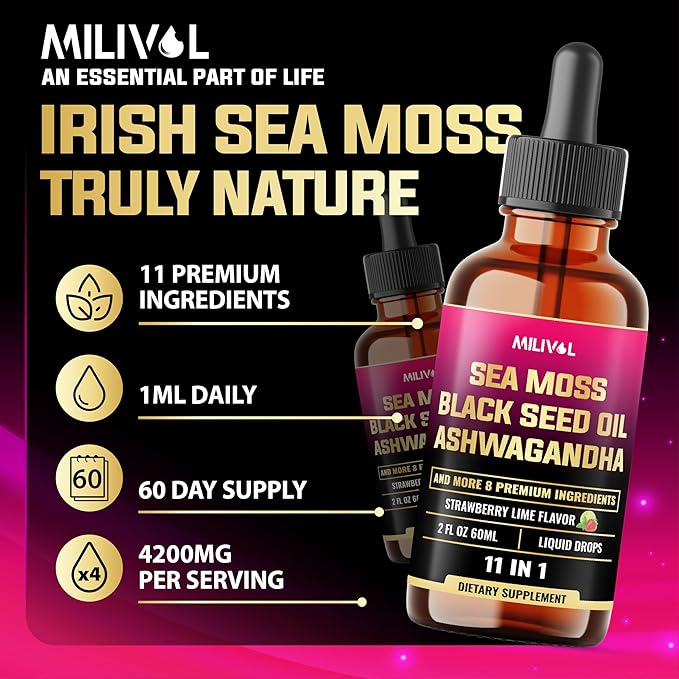 11in1 Sea Moss Liquid Drops - Irish Sea Moss with Black Seed Oil, Ashwagandha & 8 Other - Supplement for Immune, Skin, Digestion - 2 Fl Oz - 60 Days