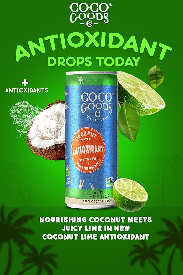 CocoGoodsCo Antioxidant Drink with Coconut Water, Lime – 35mg Natural Caffeine, 0g Sugar, Naturally Sweetened, 10 Calories, with Green Coffee & Vitamin E – 8.11 fl oz Cans (12 Pack)