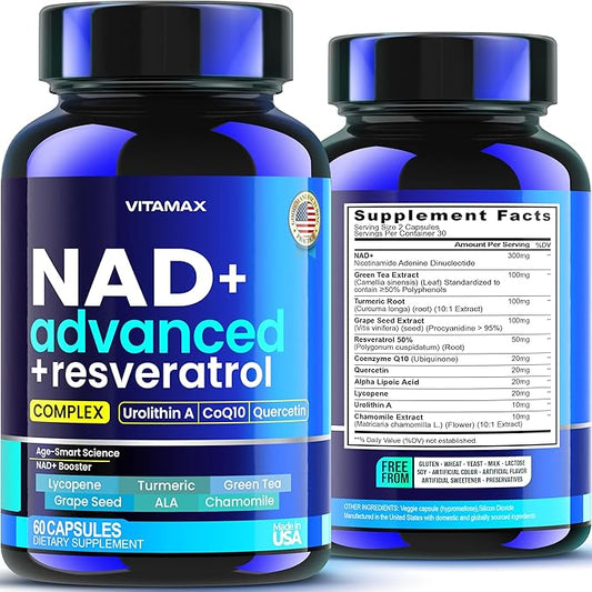 NAD+ Supplement Extra Strength - Liposomal + Resveratrol for Women & Men, CoQ10, Alpha Lipoic Acid, Green Tea, Quercetin, Urolithin A, Lycopene – High Purity Anti-Aging, Energy & Regeneration – 60ct