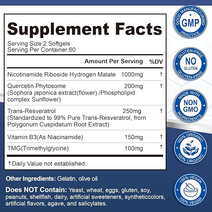 NAD Supplement Softgels 1700mg, Nad Supplements for Women & Men with Nicotinamide Riboside Quercetin Phytosome, Trans Resveratrol & TMG, Boost NAD Energy Anti-Aging Support 360-Count, 180 Days Supply