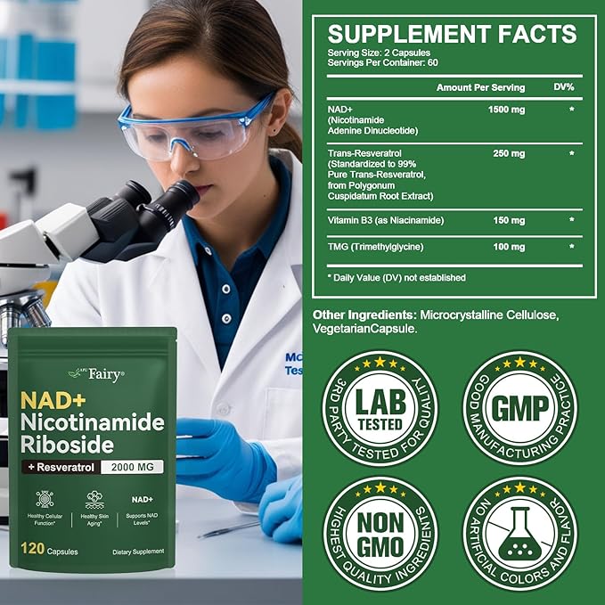 NAD Supplement,Nicotinamide Riboside,Extra Strength,Boost NAD & Resveratrol + for Women & Men,Energy Anti-Aging,Cell Regeneration,120 Capsules