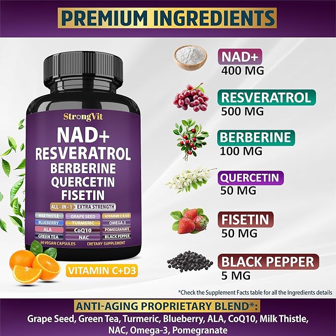 NAD Resveratrol Supplement with Berberine, Quercetin, CoQ10. Anti-Aging Formula for Women & Men. Liposomal NAD Plus, NAD+ Booster, Pure Organic Vitamin, USA