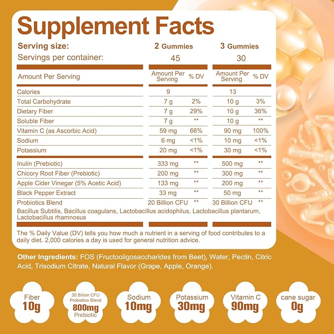 10G Fiber Gummies for Adults - Support Digestive Health - Fiber Supplement with 30 Billion CFU Probiotics Blend, ACV, Vitamin C, Inulin - No Sugar Added - Fruit Flavored - 180 Count