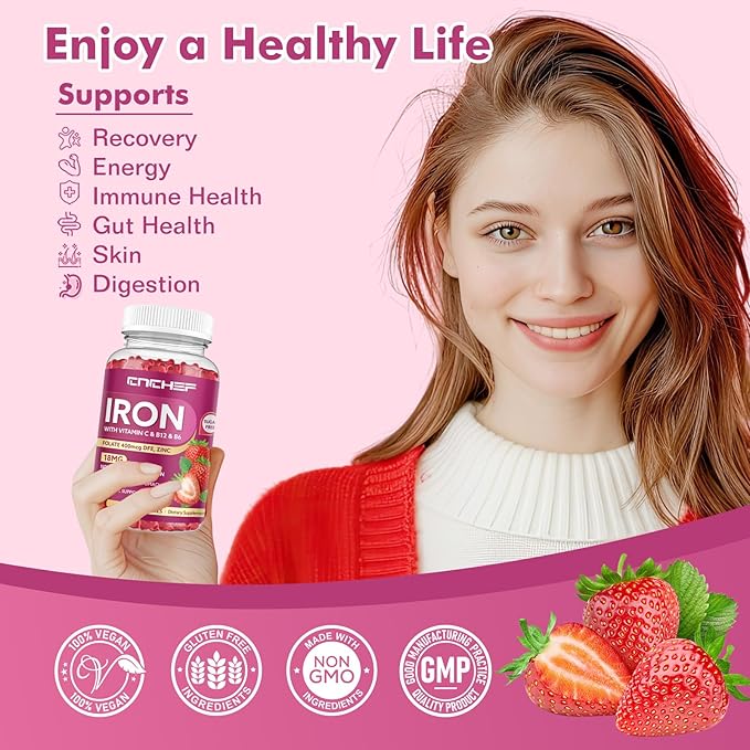 2 Pack Iron Gummies with Multivitamin, Iron Supplement for Women & Men with Folate, Zinc & Vitamin C, B12, B6 for Adults & Kids - Blood Builder & Energy Support for Iron Deficiency - 120 Gummies