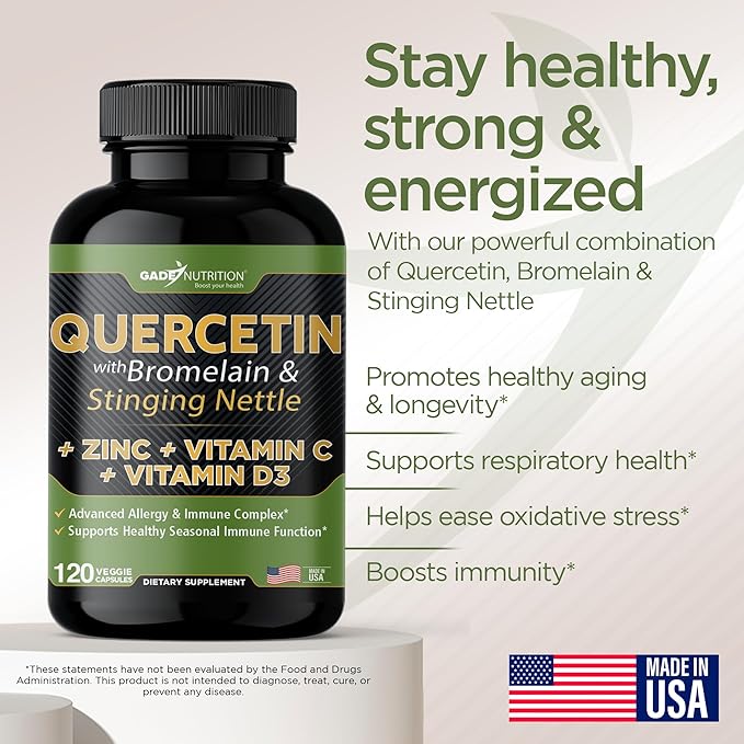Gade Nutrition Quercetin with Vitamin C, Zinc & Stinging Nettle - Nettle Quercetin - Quercetin 500mg - Quercetin with Bromelain - Zinc Quercetin + Vitamin D3-360 Veggie Caps - 6 Month Supply