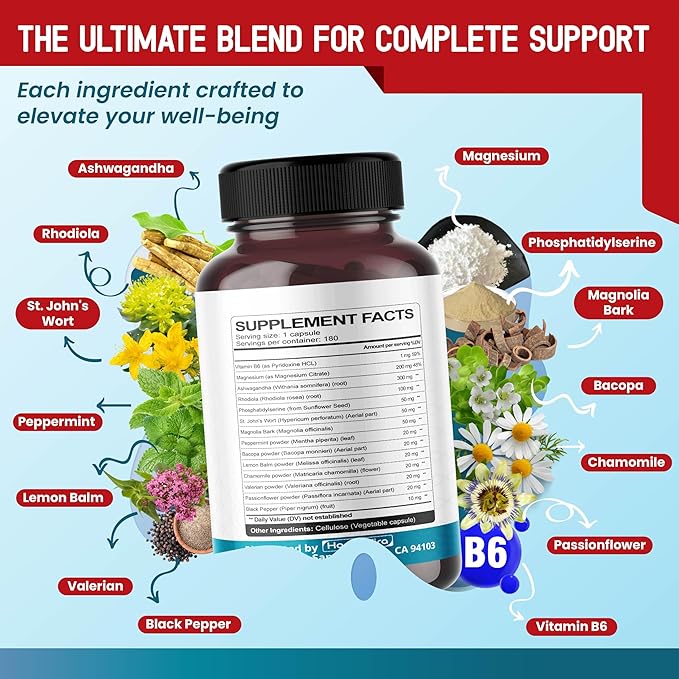 CORTISOL Health - Ashwagandha Magnesium Rhodiola St. John's Wort - Support Restoration, Energy Levels, Brain Wellness 180-day Supply - Made in The USA