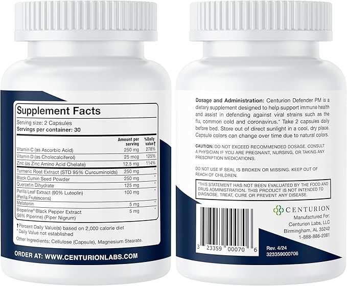 Centurion Defender PM, 9-in-1 Natural Sleep + Immune Supplement for Recovery, Immunity and Rest Support with Melatonin, Quercetin, Zinc, Black Cumin Seed, Perilla Leaf Extract and Vitamin C, 60 Caps