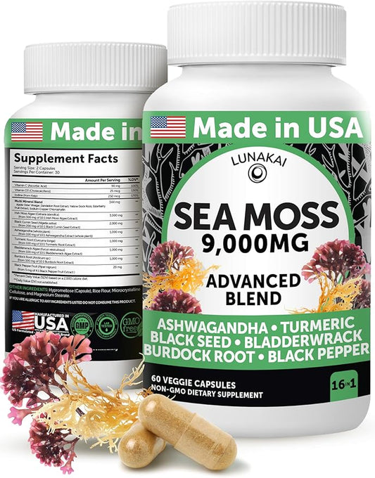 Lunakai USA Made Irish Sea Moss Capsules with Black Seed Oil, Ashwagandha, Burdock Root & Bladderwrack, 60ct