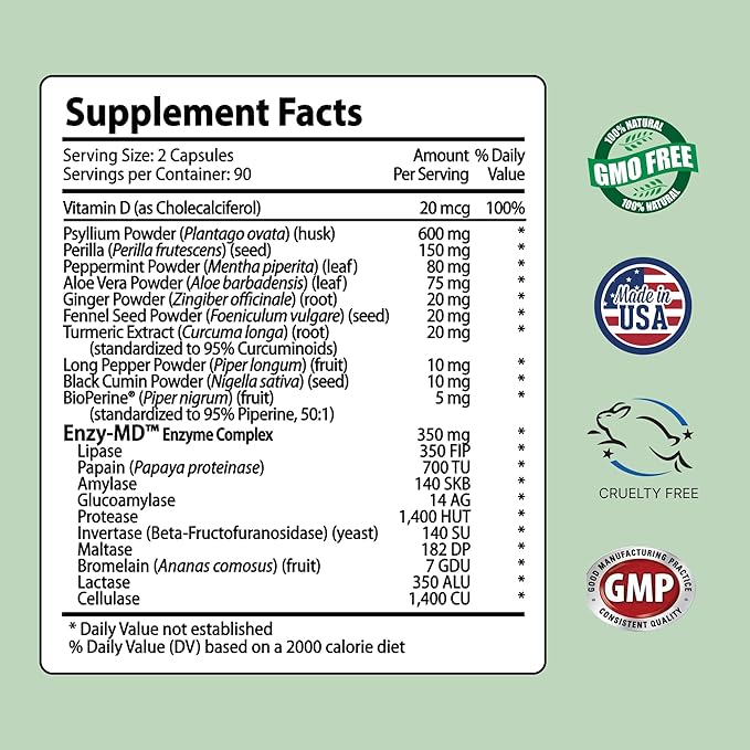 IBS Support - Vitamin D, Psyllium Husk, Fennel - 180 Capsules - 3 Month Supply
