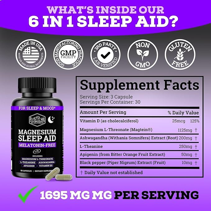 Black Forest Ashwagandha Magnesium Sleep Aid (6-in-1) - Magtein Magnesium L-Threonate, L-Theanine, Apigenin Supplement for Sleep 3 Enhanced with (Ashwagandha L theanine & Vitamin D)