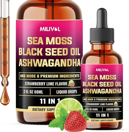 11in1 Sea Moss Liquid Drops - Irish Sea Moss with Black Seed Oil, Ashwagandha & 8 Other - Supplement for Immune, Skin, Digestion - 2 Fl Oz - 60 Days