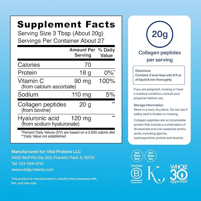 Vital Proteins Collagen Peptides Powder Advanced with Hyaluronic Acid & Vitamin C - 20oz Collagen Protein, Unflavored, 27 Servings