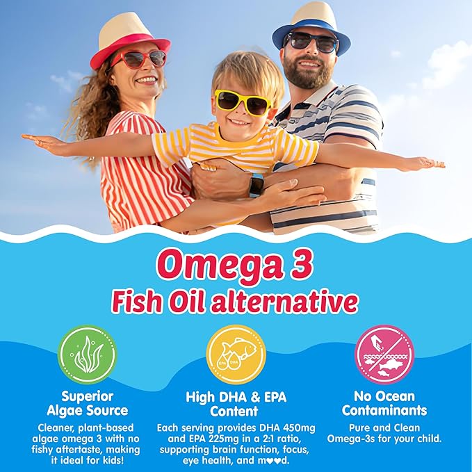Kids Omega 3 Gummies + Calcium, Vitamin D3 & K2, C, Omega-3 DHA/EPA Gummies for Strong Bones, Focus & Memory, Immune Support, Kids Omega3 Supplement - No Fish Taste, Non-GMO, Chewable, Vegan, 2 Pack