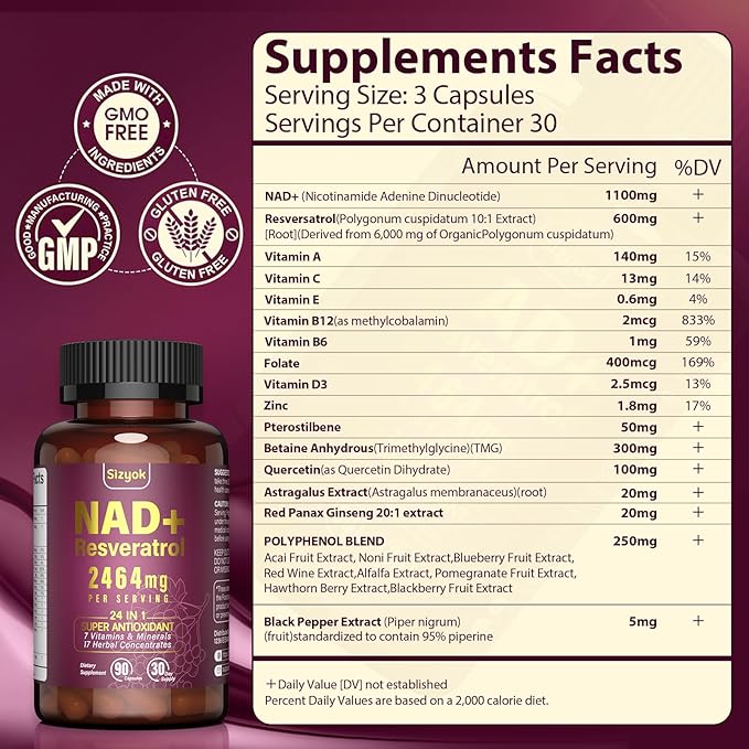 NAD Resveratrol Supplement 2464mg, Liposomal NAD Supplement with Resveratrol for Women and Men, NAD Plus Boosts NAD+ Levels, Energy Anti-Aging, 2Pack