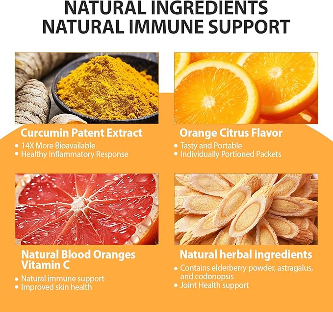 Turmeric Curcumin Drink Powder, Turmeric Shots with Vitamin C for Immunity, Orange Flavor Instant Drink Mix Packets, High Absorption Curcumin Complex, Immune & Recovery, Joint Support Supplement