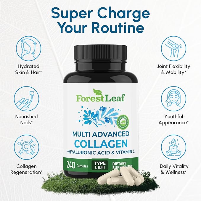 ForestLeaf Multi Collagen Pills - Collagen Men & Collagen Women - Hydrolyzed Collagen Supplements with Vitamin C & Hyaluronic Acid - Collagen Capsules for Hair, Skin & Nails (240 Peptide Capsules)