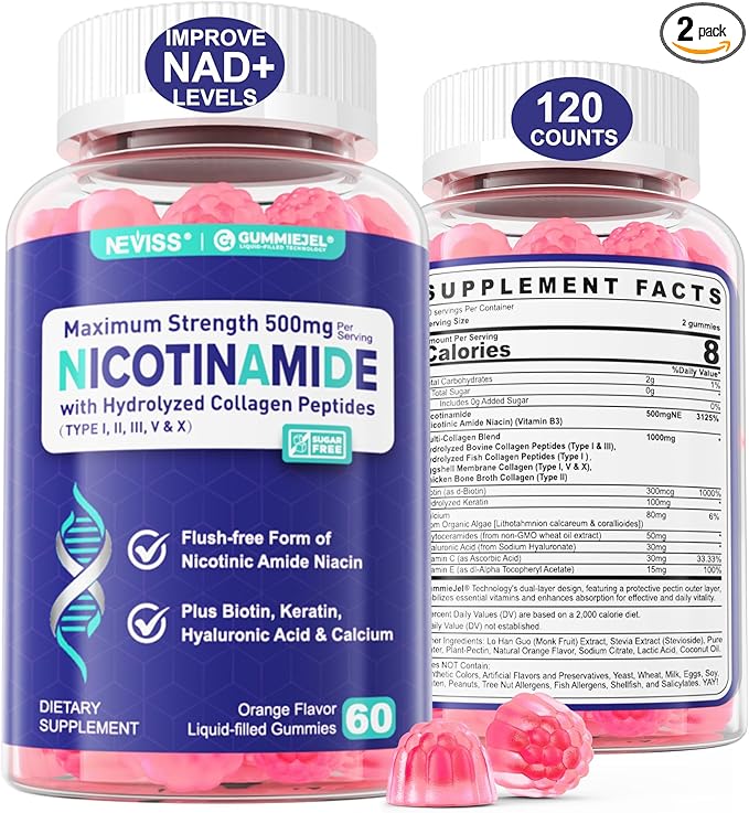 2 Pack - Nicotinamide 500mg Gummies, NAD+ Supplement for Women & Men w/Collagen Peptides, (Flush Free Niacin) Vitamin B3 Niacinamide for Anti-Aging, NAD+ Levels, Longevity, Focus & Brain, Sugar Free
