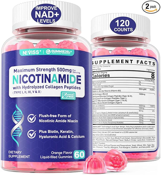 2 Pack - Nicotinamide 500mg Gummies, NAD+ Supplement for Women & Men w/Collagen Peptides, (Flush Free Niacin) Vitamin B3 Niacinamide for Anti-Aging, NAD+ Levels, Longevity, Focus & Brain, Sugar Free