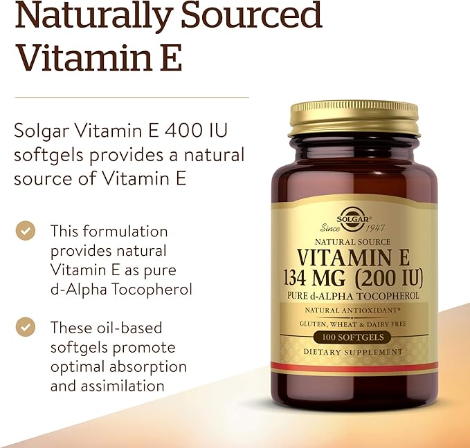Solgar Vitamin E 200 IU Alpha, 100 Softgels - Antioxidant, Healthy Aging, Healthy Skin, Immune System Support - Natural Source Vitamin E - Gluten Free, Dairy Free - 100 Servings