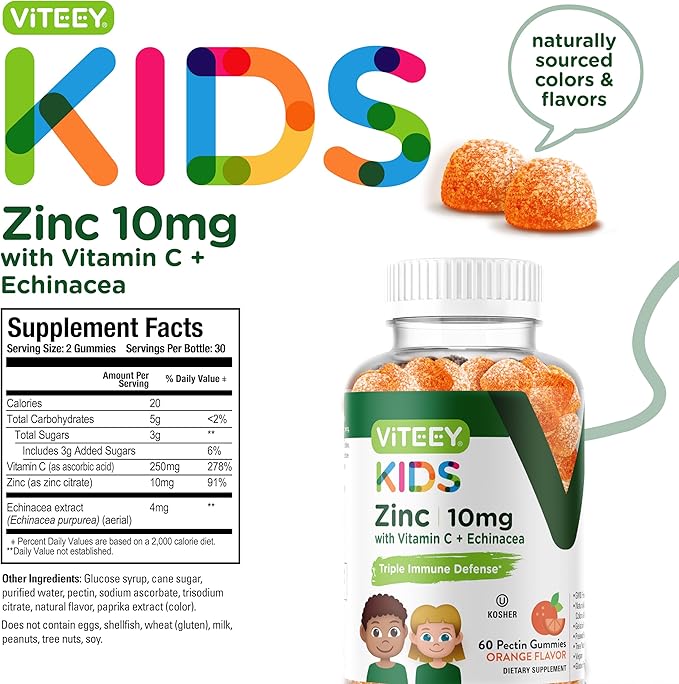Viteey Zinc for Kids Gummies 10mg, with Vitamin C & Echinacea - Immune Support, Powerful Natural Antioxidant, Kids Zinc Vitamin Supplement - Vegan, Gelatin Free - Tasty Chewable Orange Flavor Gummy