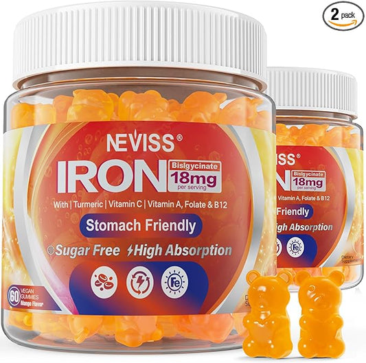 Vegan Iron Gummies Supplement with Vitamin C, B12, Folate & Turmeric - Energy & Immune Health | Gummy Iron Bisglycinate 18mg Gentle & Non-Constipating - Women & Men, 2 Pack