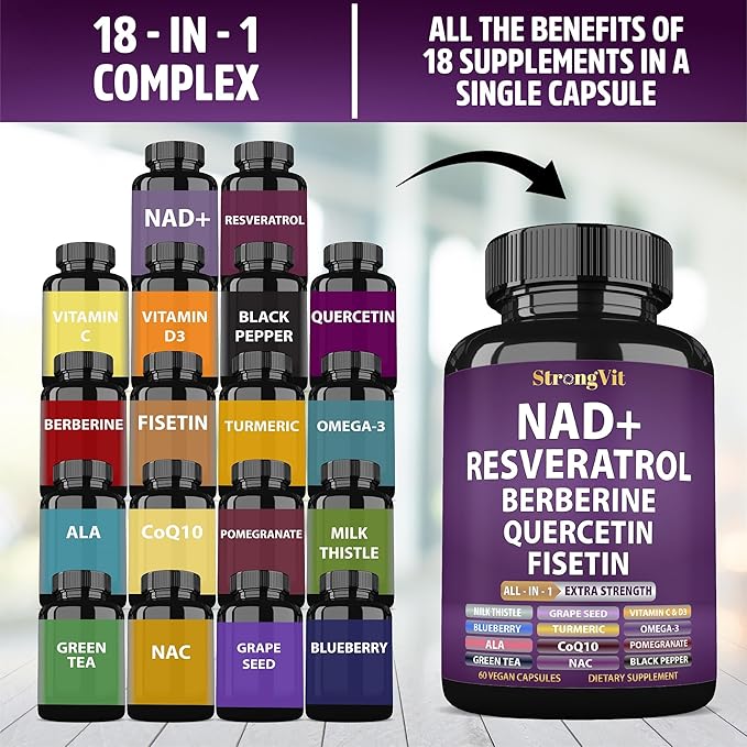 NAD Resveratrol Supplement with Berberine, Quercetin, CoQ10. Anti-Aging Formula for Women & Men. Liposomal NAD Plus, NAD+ Booster, Pure Organic Vitamin, USA