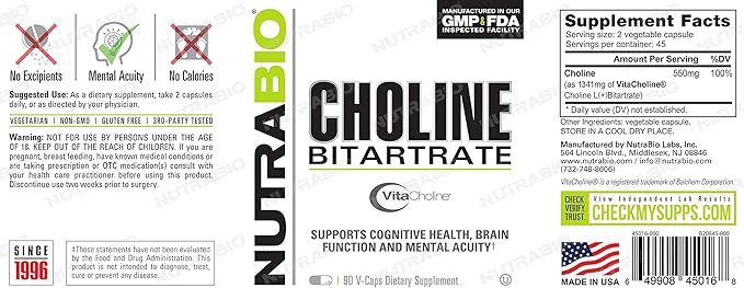 NutraBio Choline Bitartrate, for Improved Cognitive Health and Mental Acuity, 550mg - 90 Vegetable Capsules