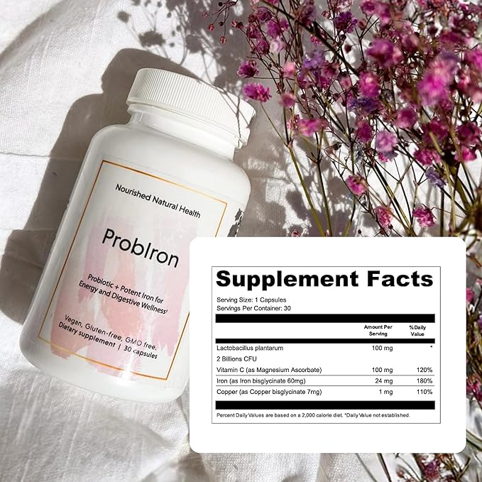 Nourished Natural Health ProbIron - Women's Probiotic + Iron Supplement Boosted with Vitamin C and Copper - Vegan Formula for Energy and Digestive Wellness - 120 Capsules