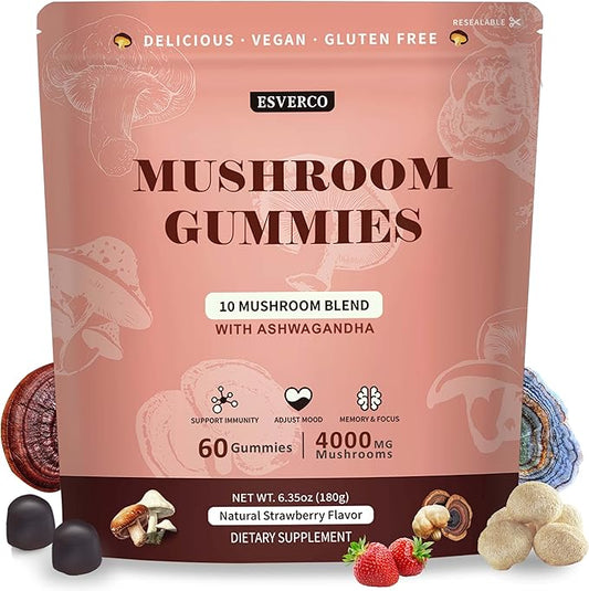 Lions Mane Mushroom Gummies with Ashwagandha, 4000mg 10-Mushroom Complex & 250mg Ashwagandha, Cognitive Support, Mood, Brain Health & Memory, Energy, Reishi, Cordyceps, Turkey Tail, Chaga, 60 Count