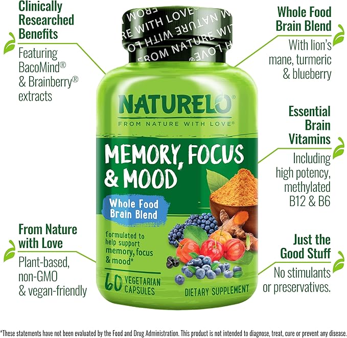 NATURELO Whole Food Brain Supplement - Brain Health Supplements for Memory & Focus Support - Enhance Brain Health Blend Supplement for Adults - 60 Vegetarian Capsules (Pack of 2)