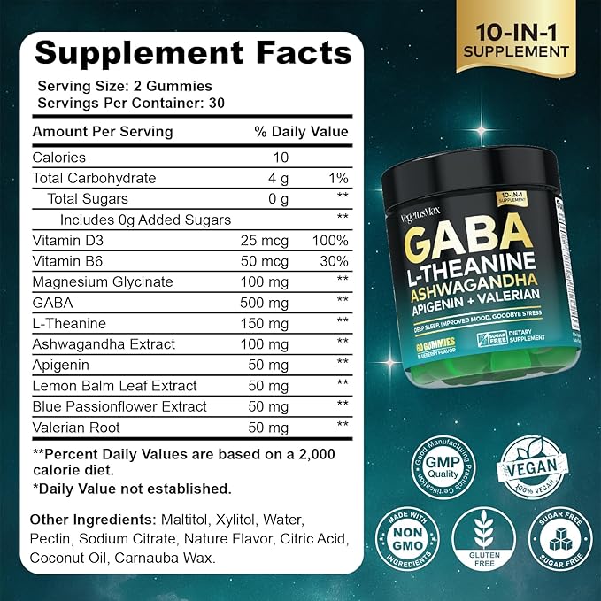 GABA L-Theanine Gummies, Sugar-Free Calm Gummies with L-Theanine, Ashwagandha,Valerian Root,Magnesium | Support Sleep,Stress Relief & Relaxation | GABA Supplement for Adult- Blueberry Flavor