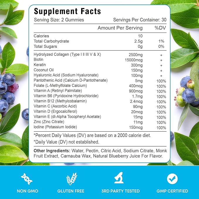 Biotin Gummies with Collagen & Keratin for Hair Skin Nails- Supports Hair Growth and Stronger Nails, Women Men, Kids - 60 Blueberry Flavored Gummies