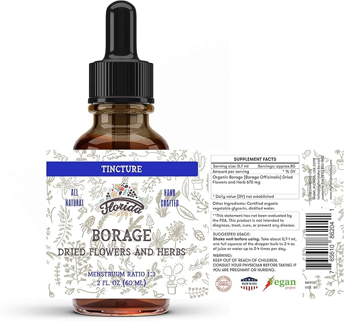 Borage Liquid Extract, Organic Borage Tincture (Borago Officinalis) Herbal Supplement, Non-GMO in Cold-Pressed Organic Vegetable Glycerin 700 mg, 2 oz (60 ml)