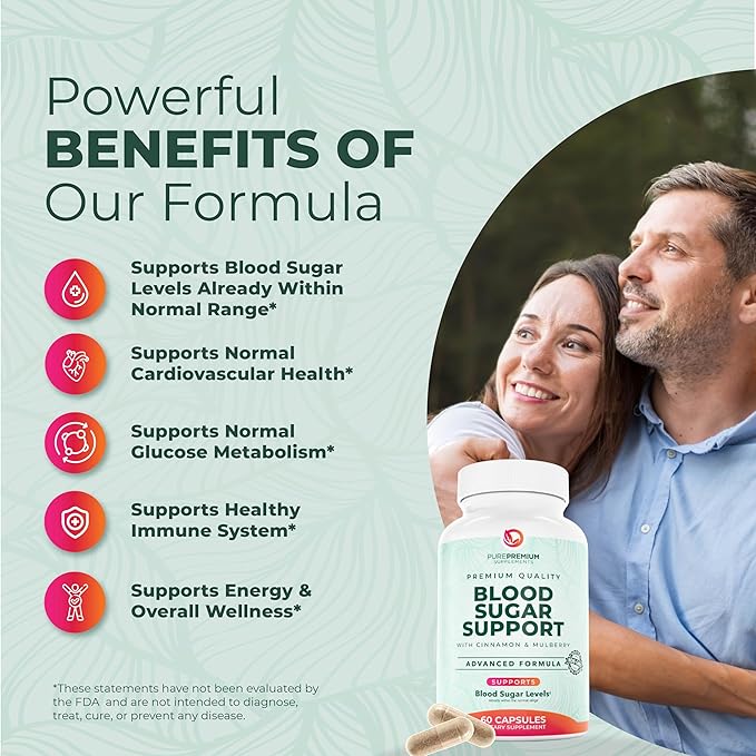 PurePremium Normal Blood Sugar Support Supplement - 20 Active Ingredients Complex to Support Blood Sugar Levels Already in The Normal Range - with Cinnamon, Bitter Melon, Chromium, Mulberry - 60ct