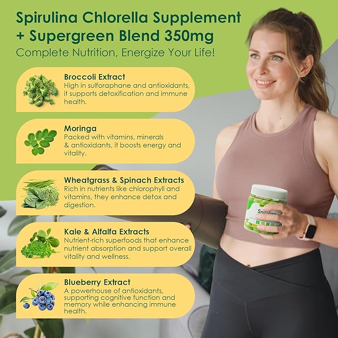 Organic Spirulina Chlorella Gummies, Nutrient-Dense Superfood Rich in Vegan Protein, Super Greens & Chlorophyll + Vitamin C & D3, Zinc, B12 for Natural Energy, Powerful Antioxidants, Sugar Free,60 Cts