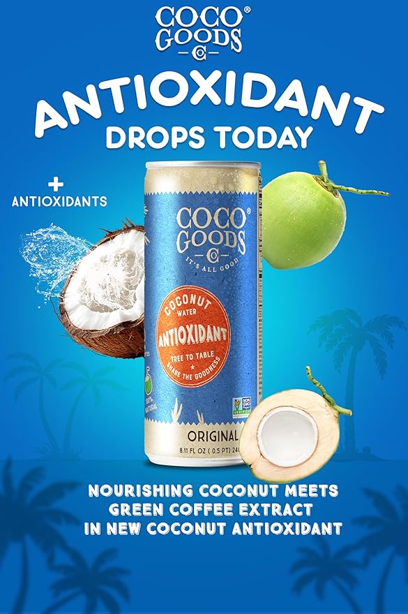 CocoGoodsCo Antioxidant Drink with Coconut Water, Original – 35mg Natural Caffeine, 0g Sugar, Naturally Sweetened, 10 Calories, with Green Coffee & Vitamin E – 8.11 fl oz Cans (12 Pack)