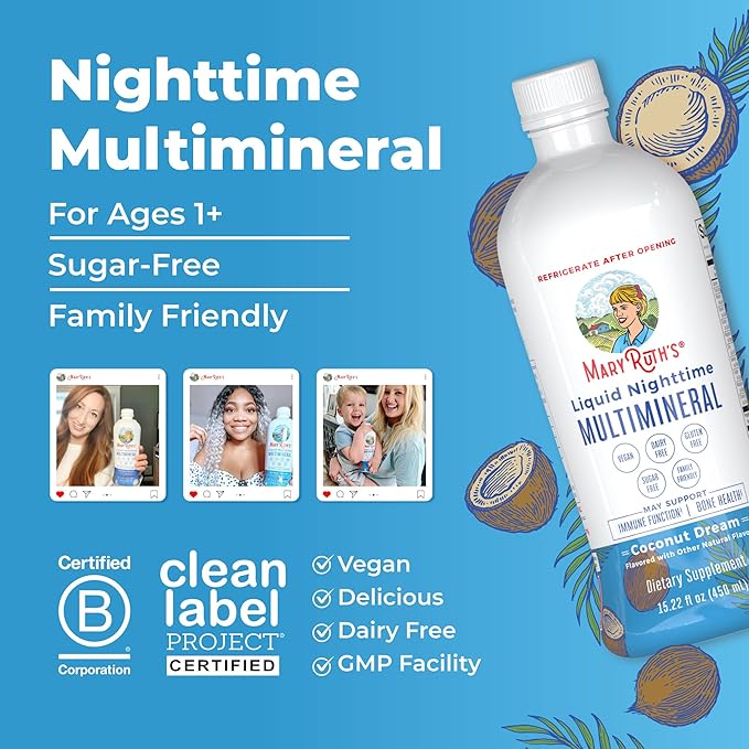 MaryRuth Organics Liquid Nighttime Multimineral | No Melatonin | Bedtime Routine | Magnesium Citrate | Calcium | Zinc | Vitamin D3| Available in 4 Flavor - Vegan | Sugar Free | Gluten Free | 15.22 Oz