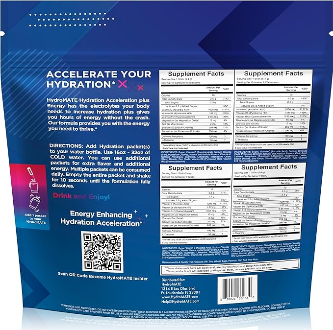 HydroMATE Electrolytes Powder Drink Mix Packets Hydration Accelerator Low Sugar Party Favors for Relief Rapid Recovery Vitamin C Plus Caffeine Variety Pack 90 Count