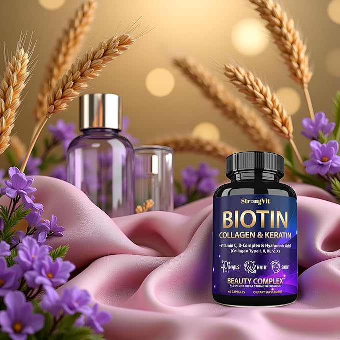 Biotin with Hyaluronic Acid, Keratin, and Collagen Supplements - Hair Growth Vitamins for Women and Men, Healthy Nails and Skin, B1, B2, B3, B6, B7 Complex, USA