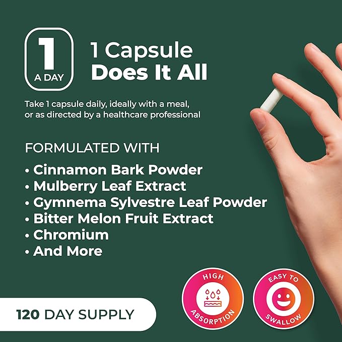 PurePremium Normal Blood Sugar Support Supplement - 20 Active Ingredients Complex to Support Blood Sugar Levels Already in The Normal Range - with Cinnamon, Bitter Melon, Chromium, Mulberry - 120ct