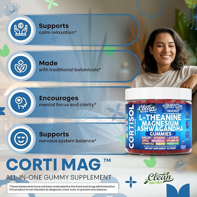 Clean Nutra L-Theanine Magnesium Ashwagandha Cortisol Gummies Apigenin Vitamin B6 Sleep Aid Calm Stress Relief Support Cortisol Management Supplement Lavender Chicory Prebiotic Advanced Gummy Formula
